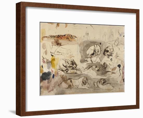 Sketches of Tigers and Men in 16th Century Costume, 1828-29-Eugene Delacroix-Framed Premium Giclee Print