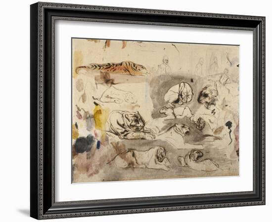 Sketches of Tigers and Men in 16th Century Costume, 1828-29-Eugene Delacroix-Framed Premium Giclee Print