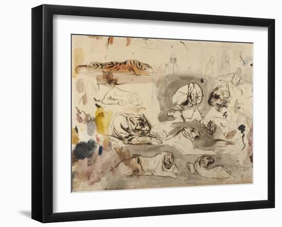 Sketches of Tigers and Men in 16th Century Costume, 1828-29-Eugene Delacroix-Framed Giclee Print