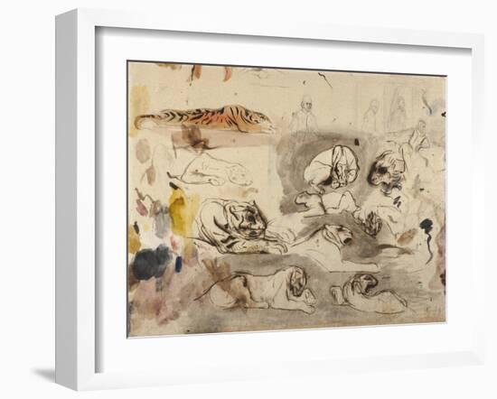 Sketches of Tigers and Men in 16th Century Costume, 1828-29-Eugene Delacroix-Framed Giclee Print