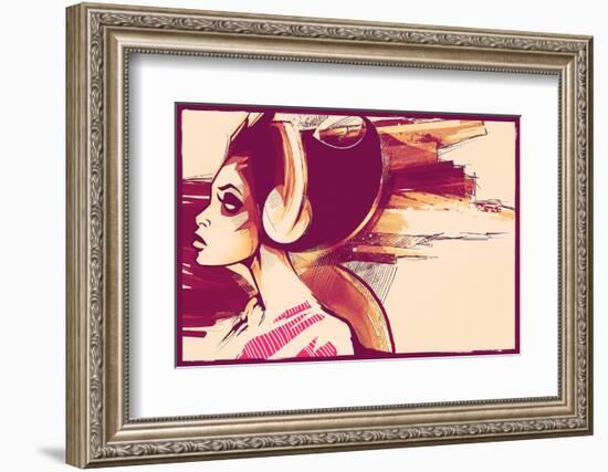 Sketchy Girl with Headphones-Jeff Langevin-Framed Photographic Print