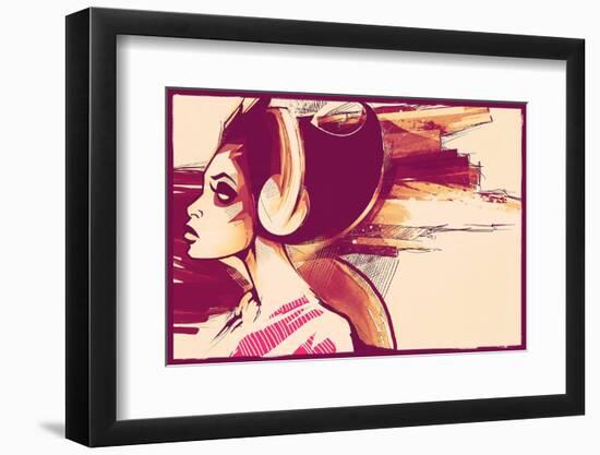 Sketchy Girl with Headphones-Jeff Langevin-Framed Photographic Print