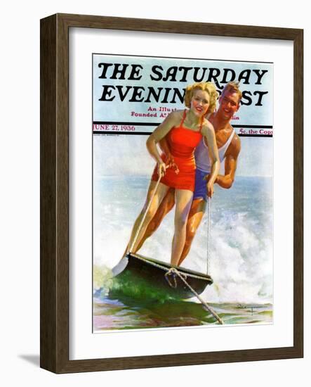 "Ski Boarding Couple," Saturday Evening Post Cover, June 27, 1936-Robert C. Kauffmann-Framed Giclee Print