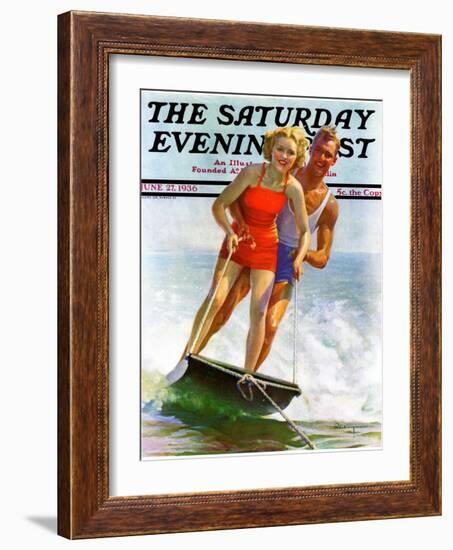 "Ski Boarding Couple," Saturday Evening Post Cover, June 27, 1936-Robert C. Kauffmann-Framed Giclee Print