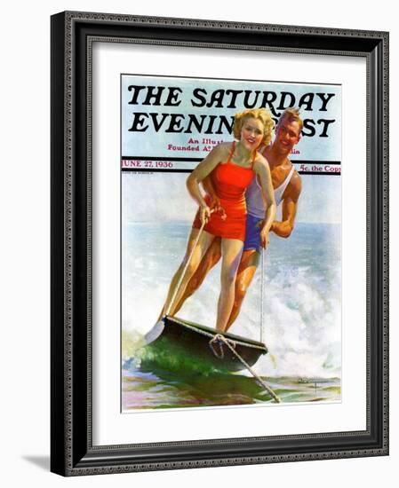 "Ski Boarding Couple," Saturday Evening Post Cover, June 27, 1936-Robert C. Kauffmann-Framed Giclee Print