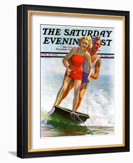 "Ski Boarding Couple," Saturday Evening Post Cover, June 27, 1936-Robert C. Kauffmann-Framed Giclee Print