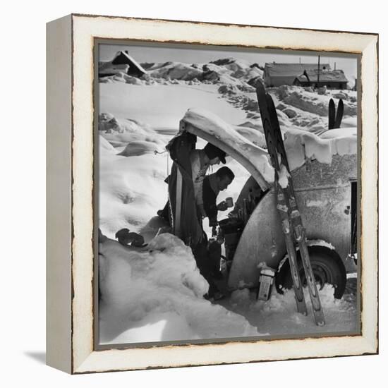 Ski Bum Bob Lombard Pouring Coffee from the Back of His Trailer-Loomis Dean-Framed Premier Image Canvas