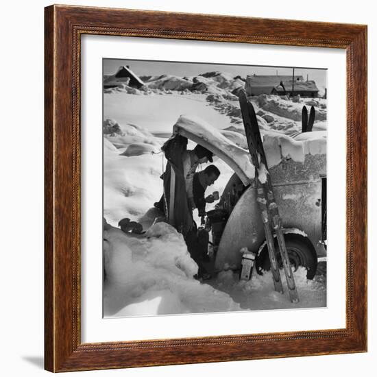 Ski Bum Bob Lombard Pouring Coffee from the Back of His Trailer-Loomis Dean-Framed Photographic Print