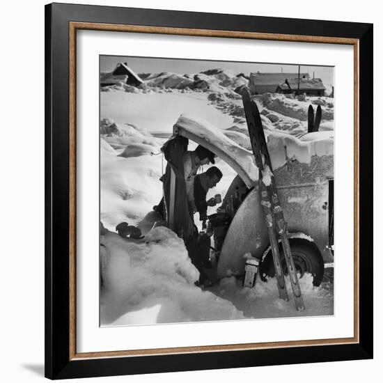 Ski Bum Bob Lombard Pouring Coffee from the Back of His Trailer-Loomis Dean-Framed Photographic Print