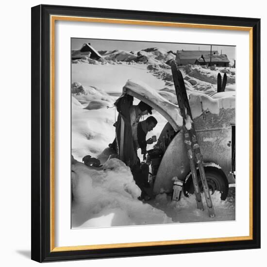 Ski Bum Bob Lombard Pouring Coffee from the Back of His Trailer-Loomis Dean-Framed Photographic Print