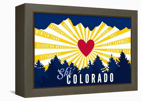 Ski Colorado - Heart and Treeline-Lantern Press-Framed Stretched Canvas