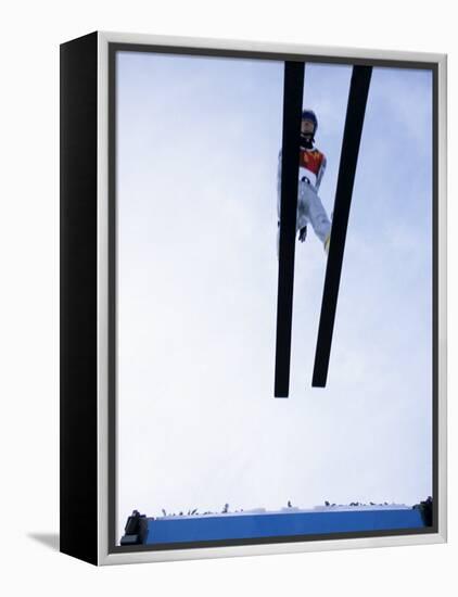 Ski Jumper in Action Flying Off the Lip of the Jump, Salt Lake City, Utah, USA-Chris Trotman-Framed Premier Image Canvas