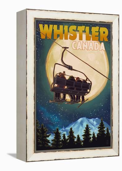 Ski Lift and Full Moon - Whistler, Canada-Lantern Press-Framed Stretched Canvas