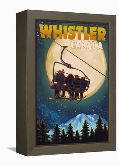 Ski Lift and Full Moon - Whistler, Canada-Lantern Press-Framed Stretched Canvas