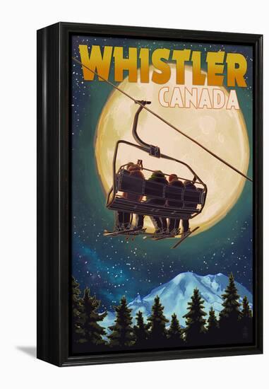 Ski Lift and Full Moon - Whistler, Canada-Lantern Press-Framed Stretched Canvas