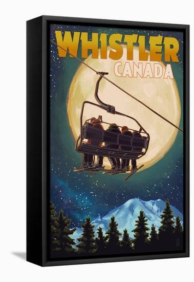 Ski Lift and Full Moon - Whistler, Canada-Lantern Press-Framed Stretched Canvas