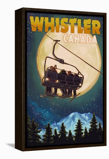 Ski Lift and Full Moon - Whistler, Canada-Lantern Press-Framed Stretched Canvas