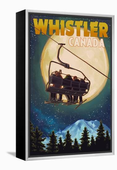 Ski Lift and Full Moon - Whistler, Canada-Lantern Press-Framed Stretched Canvas