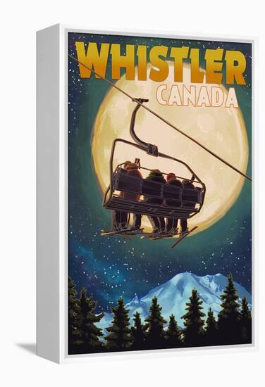 Ski Lift and Full Moon - Whistler, Canada-Lantern Press-Framed Stretched Canvas