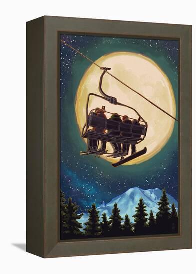 Ski Lift and Full Moon with Snowboarder-Lantern Press-Framed Stretched Canvas