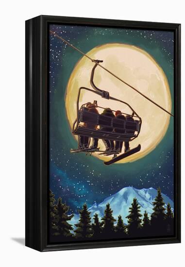 Ski Lift and Full Moon with Snowboarder-Lantern Press-Framed Stretched Canvas