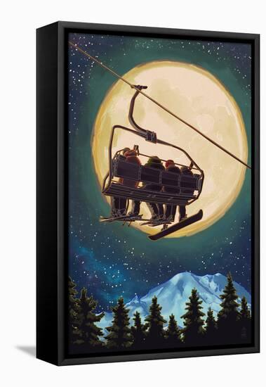 Ski Lift and Full Moon with Snowboarder-Lantern Press-Framed Stretched Canvas