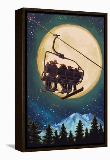 Ski Lift and Full Moon with Snowboarder-Lantern Press-Framed Stretched Canvas