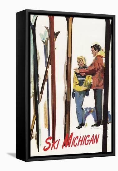 Ski Michigan - Couple by Skis in the Snow-Lantern Press-Framed Stretched Canvas