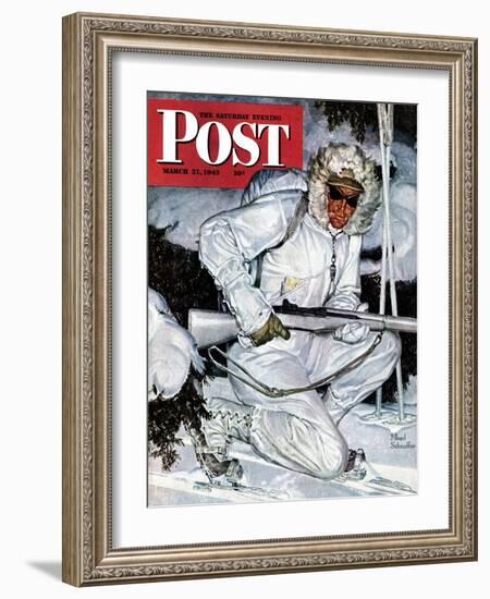 "Ski Patrol Soldier," Saturday Evening Post Cover, March 27, 1943-Mead Schaeffer-Framed Giclee Print