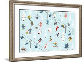 Ski Resort Pattern with Snowboarders and Skiers-Popmarleo-Framed Art Print