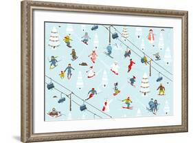 Ski Resort Pattern with Snowboarders and Skiers-Popmarleo-Framed Art Print