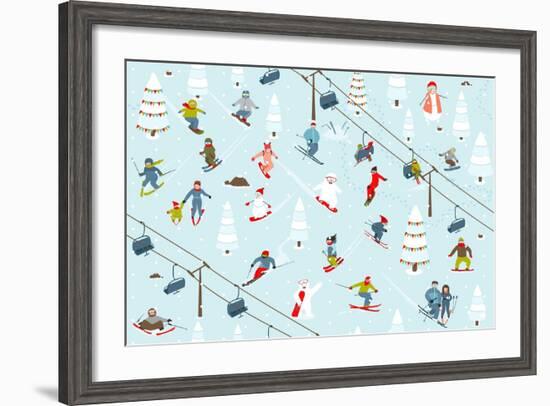 Ski Resort Pattern with Snowboarders and Skiers-Popmarleo-Framed Art Print