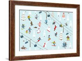 Ski Resort Pattern with Snowboarders and Skiers-Popmarleo-Framed Art Print