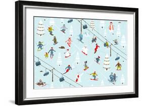 Ski Resort Pattern with Snowboarders and Skiers-Popmarleo-Framed Art Print