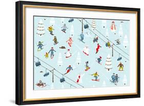 Ski Resort Pattern with Snowboarders and Skiers-Popmarleo-Framed Art Print