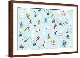 Ski Resort Pattern with Snowboarders and Skiers-Popmarleo-Framed Art Print