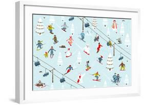 Ski Resort Pattern with Snowboarders and Skiers-Popmarleo-Framed Art Print