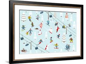 Ski Resort Pattern with Snowboarders and Skiers-Popmarleo-Framed Art Print