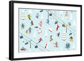 Ski Resort Pattern with Snowboarders and Skiers-Popmarleo-Framed Art Print