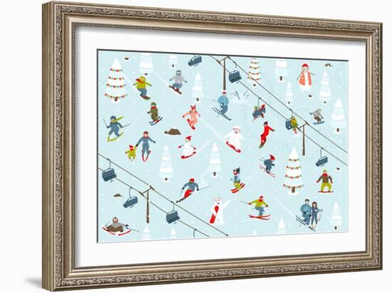 Ski Resort Pattern with Snowboarders and Skiers-Popmarleo-Framed Art Print