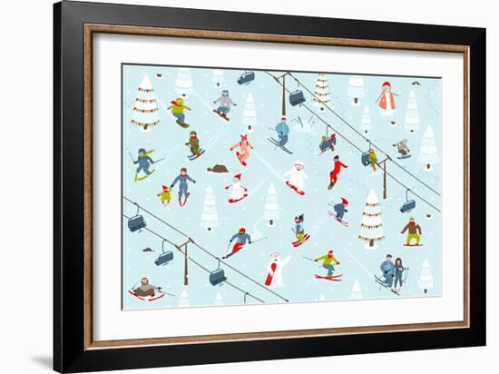 Ski Resort Pattern with Snowboarders and Skiers-Popmarleo-Framed Art Print