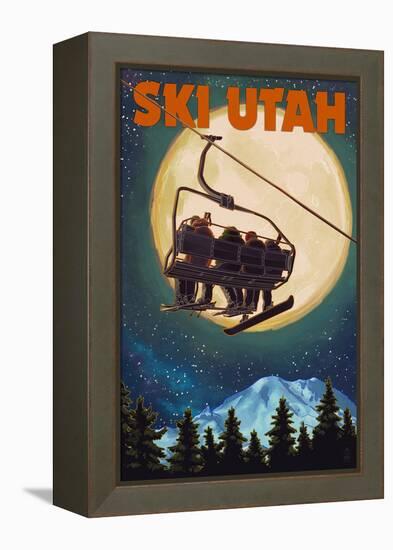 Ski Utah - Ski Lift and Full Moon-Lantern Press-Framed Stretched Canvas