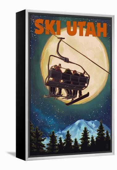 Ski Utah - Ski Lift and Full Moon-Lantern Press-Framed Stretched Canvas