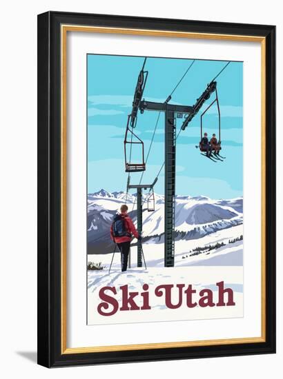 Ski Utah - Ski Lift Day Scene-Lantern Press-Framed Art Print