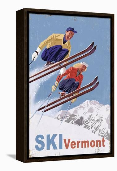 Ski Vermont - Vintage Skiers-Lantern Press-Framed Stretched Canvas