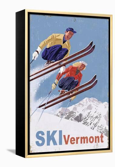 Ski Vermont - Vintage Skiers-Lantern Press-Framed Stretched Canvas