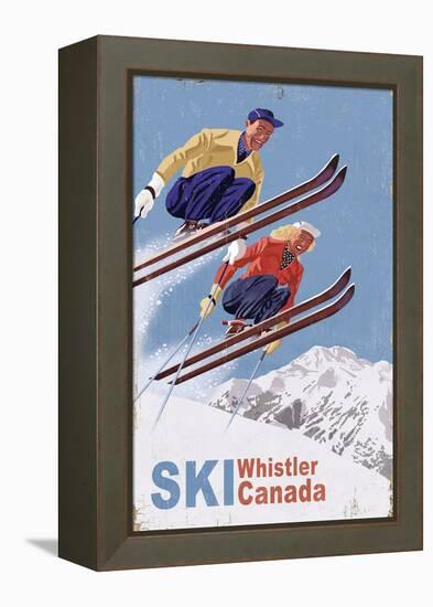 Ski Whistler, Canada - Vintage Skiers-Lantern Press-Framed Stretched Canvas