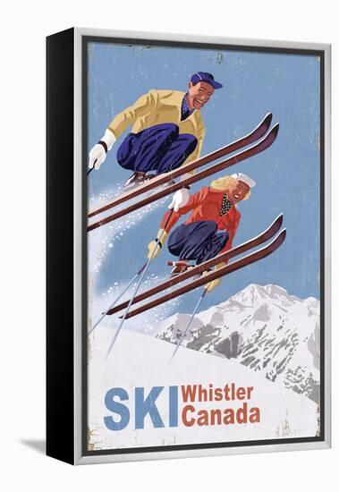 Ski Whistler, Canada - Vintage Skiers-Lantern Press-Framed Stretched Canvas