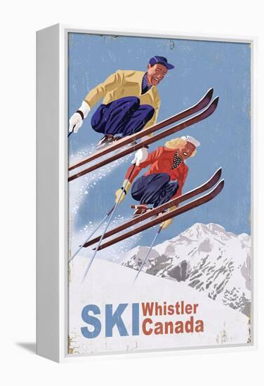 Ski Whistler, Canada - Vintage Skiers-Lantern Press-Framed Stretched Canvas