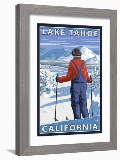 Skier Admiring, Lake Tahoe, California-Lantern Press-Framed Art Print